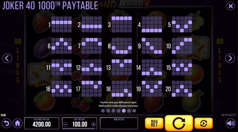 Joker 40 1000 - winning lines on the 5x4 grid